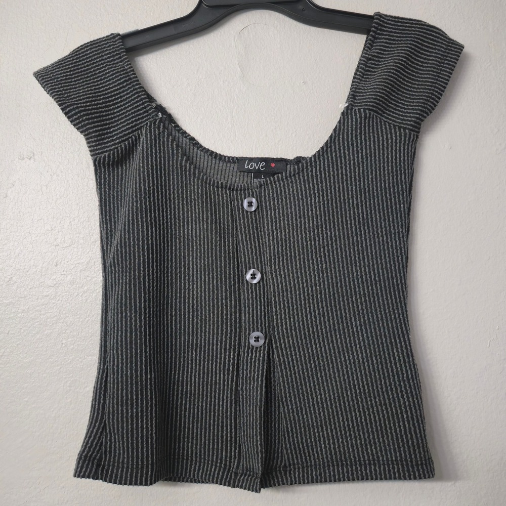 Love Youth Large Ribbed Striped Button Front Top Black Grey Short Sleeve L